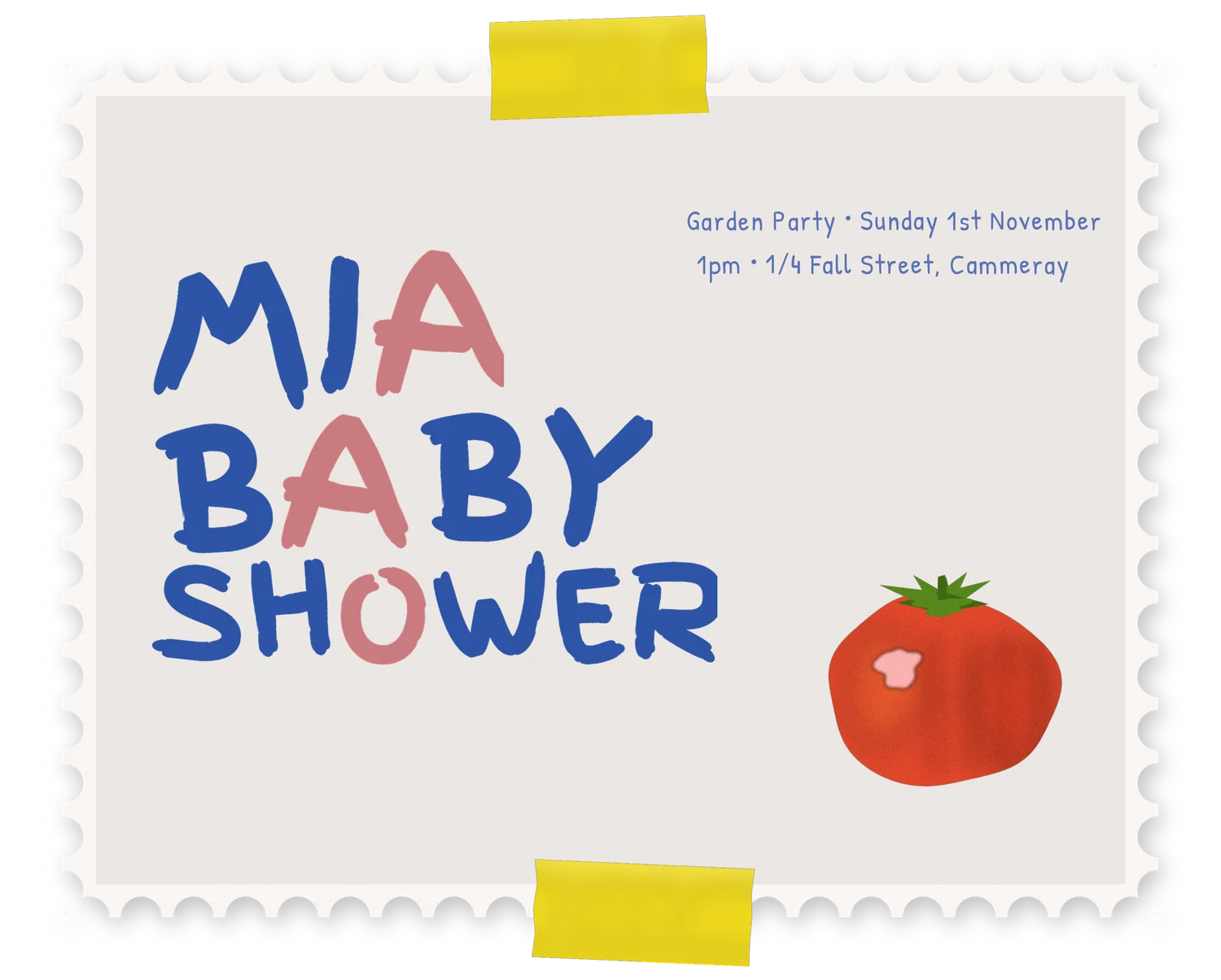 Invitation to Mia's baby shower. A garden party on Sunday the 1st of November at 1pm, 1/4 Fall Street, Cammeray.